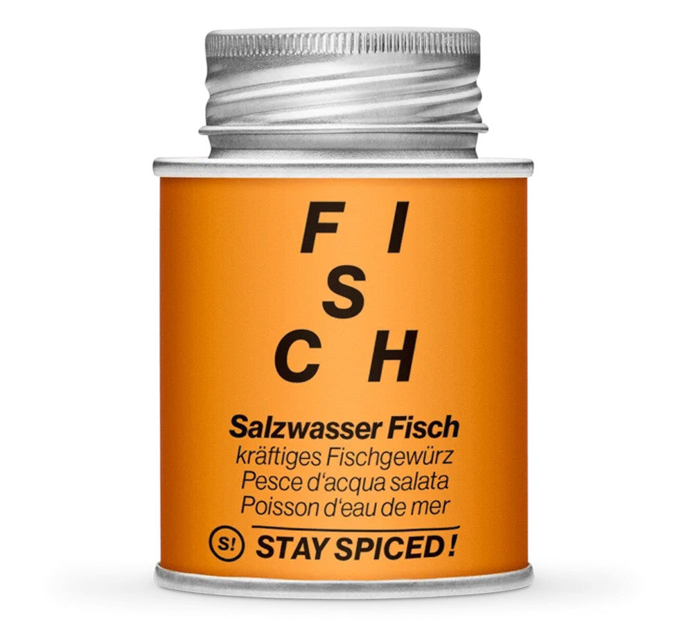 Salzwasser Fisch, kräftiges Fischgewürz - Geschlossene orange Gewürzdose von STAY SPICED!