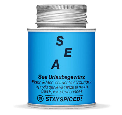 Sea Urlaubsgewürz, Fisch & Meeresfrüchte Allrounder - Geschlossene blaue Gewürzdose von STAY SPICED!