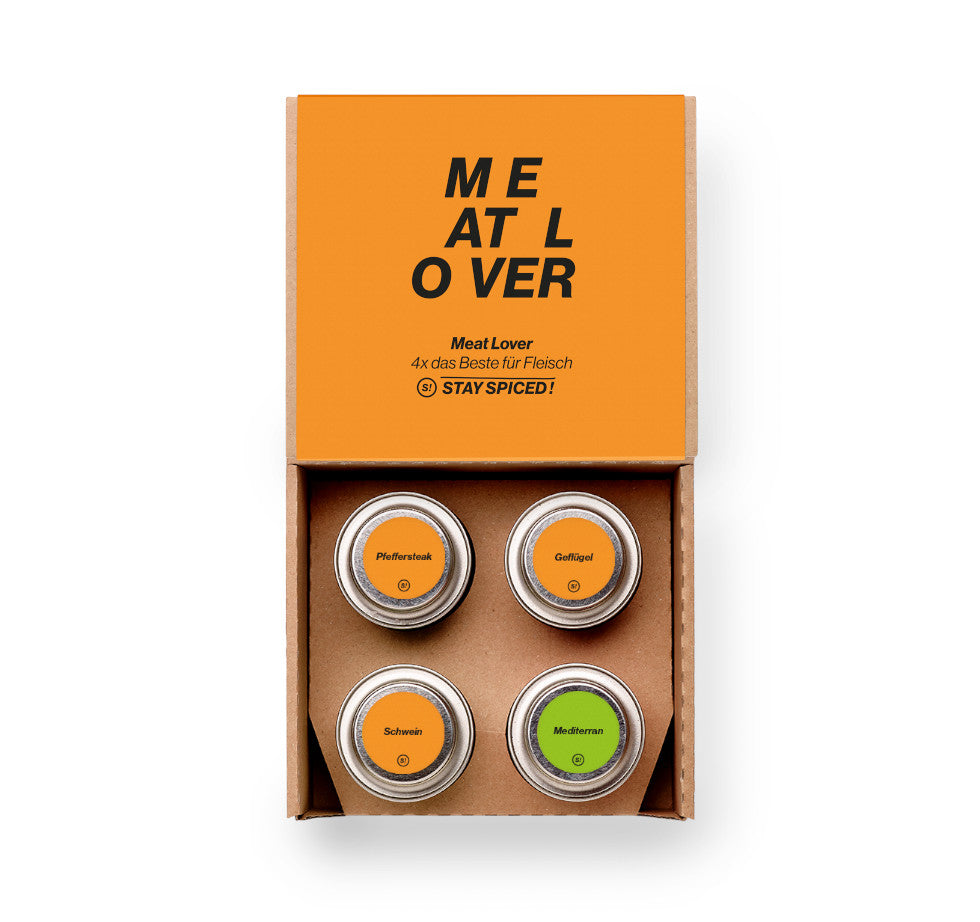 Übersicht der erlesenen Gewürze für Steak, Schwein und Geflügel in der Meat Lover Box