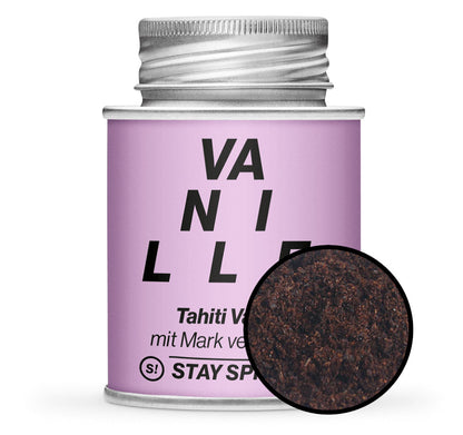 Tahiti Vanille gemahlen - Lila Gewürzdose mit kleiner runder Gewürz-Vorschau von STAY SPICED! bei Chefkoch-Gewürze