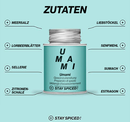 Zutatenübersicht der Umami GewürzmischungInfo zur Umami Gewürzmischung - natürlicher Geschmacksbooster für alle Gerichte