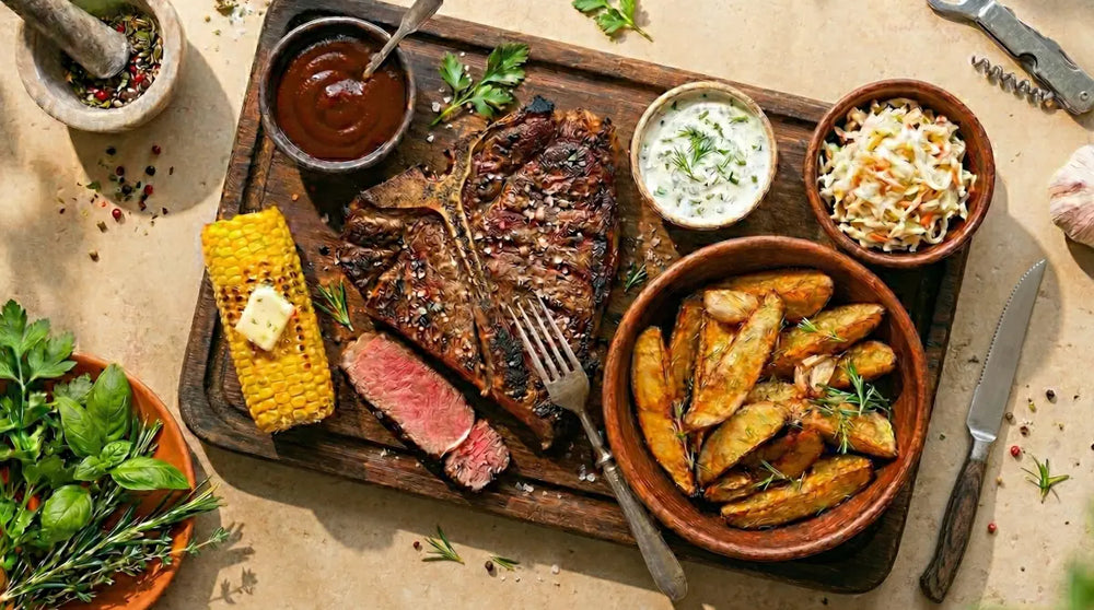 Saftiges gegrilltes Steak und Kartoffel Wedges auf einem Holzbrett, vorbereitet mit authentischen STAY SPICED! USA BBQ Gewürzen online kaufen bei chefkoch-gewürze Schweiz