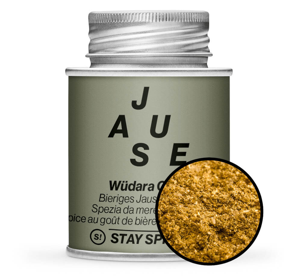 Wüdara Curry, Bieriges Jausengewürz - Olivgrüne Gewürzdose mit kleiner runder Gewürz-Vorschau von STAY SPICED! bei Chefkoch-Gewürze